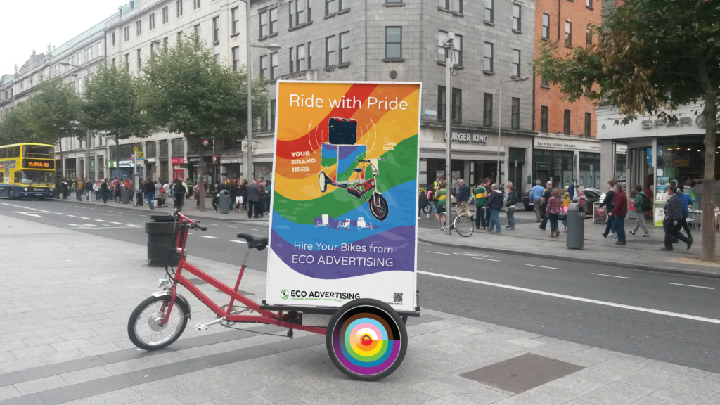Advertising trike, AdBike on O'Connell St, Promoting Pride. The Adbike is a mobile Billboard used for advertising brands